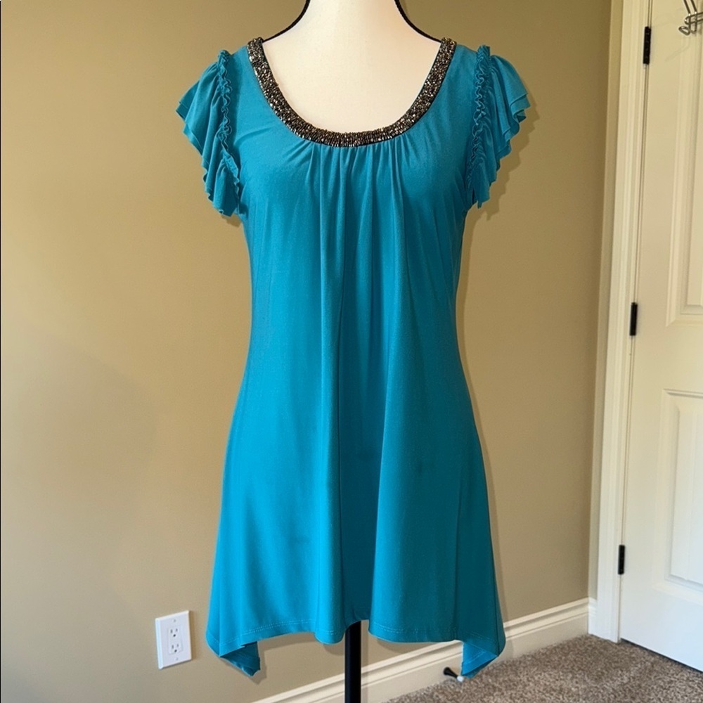 Clientele Shirt Embellished Short Flutter Sleeve Asymmetric Tunic Teal Burgundy